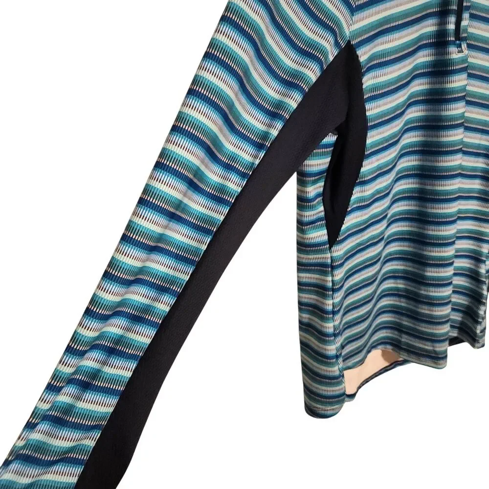 Adidas Athletic Top 1/4 Zip Long Sleeve Mock Neck Blue Teal Stripe Womens Size S